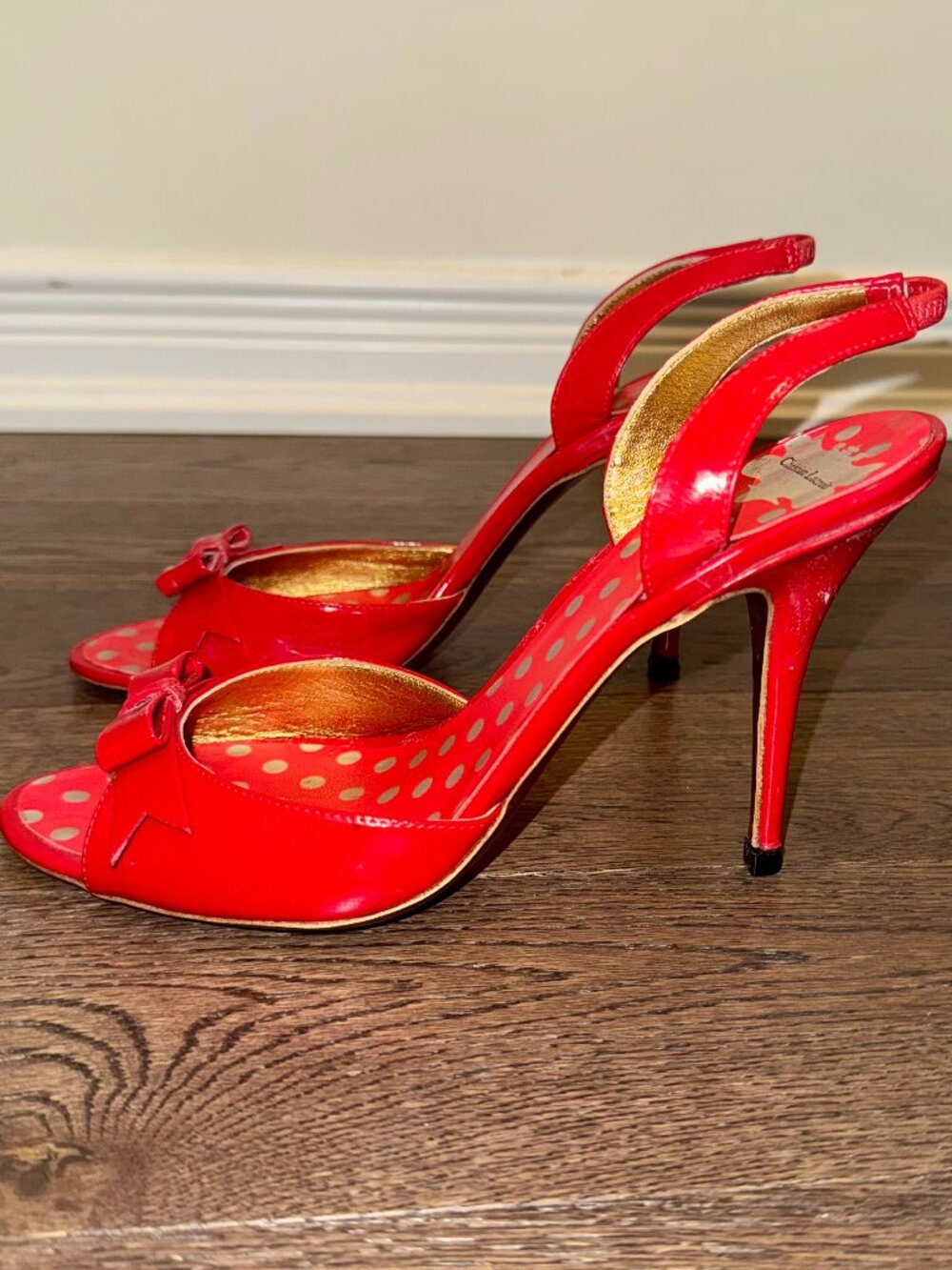 Christian Lacroix Patent Red Leather Bow Accents Slingback Heels - Picture 3 of 10